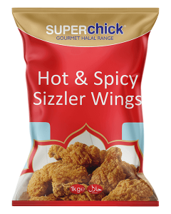Super chick hot & spicy sizzler wings pkt 1kg